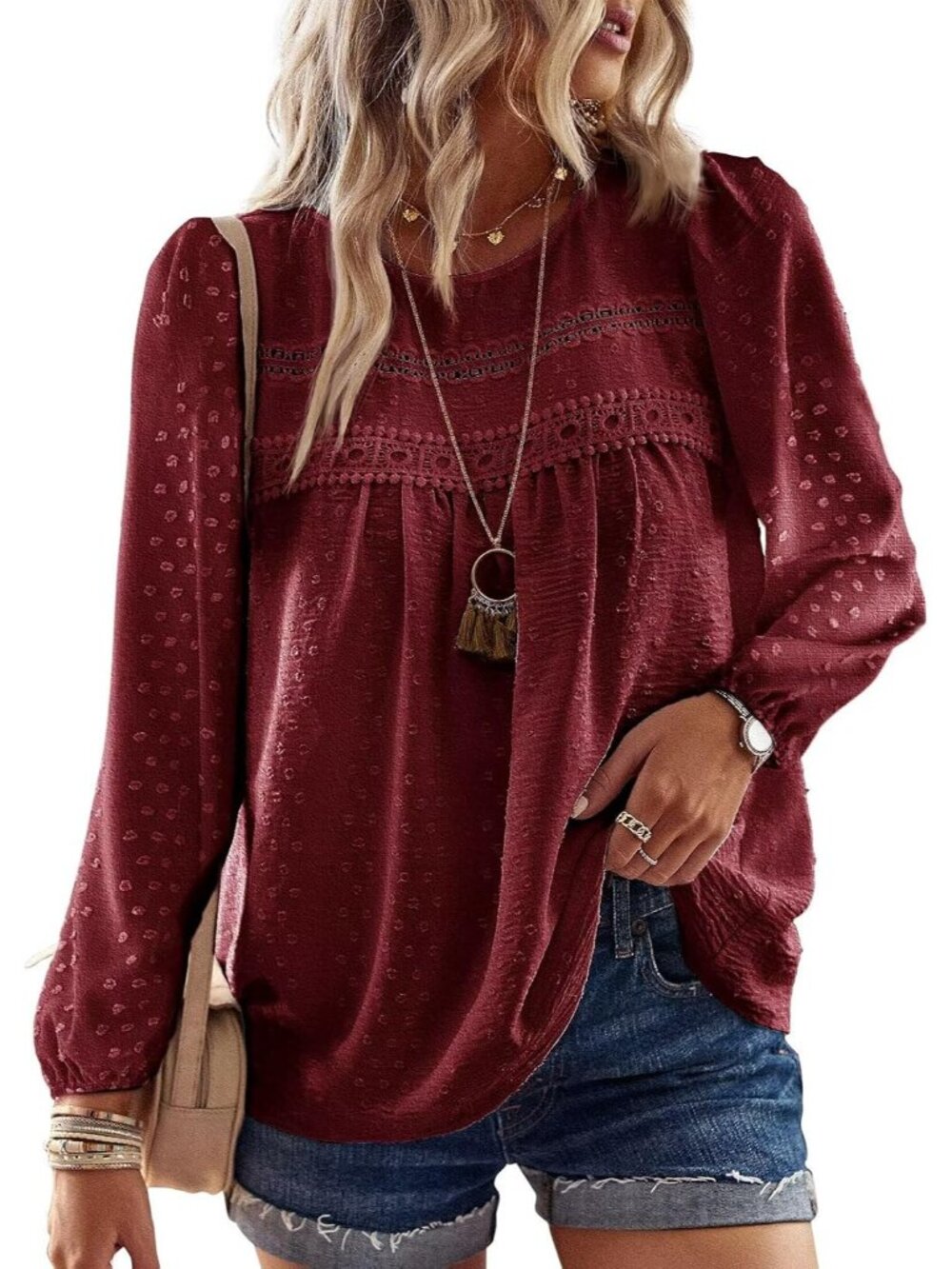 Womens Tops Flowy Boho Dressy Casual Lace Cute Long Sleeve Shirts